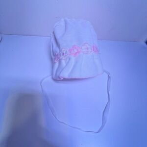 Infant Bonnet White Pink Floral Embroidered Ruffle Lace Tie Vintage